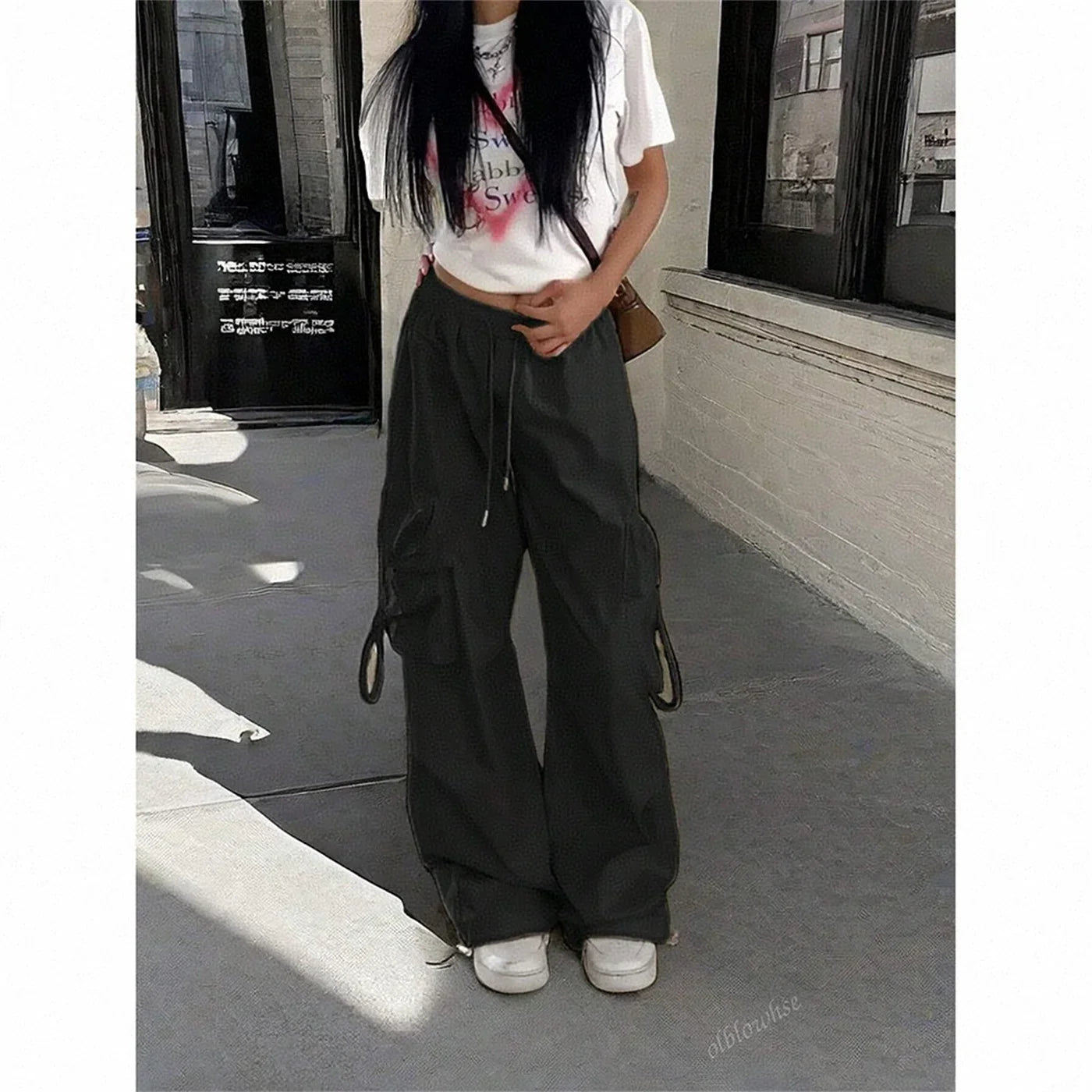 Oversized Pocket High Street Pant Black Vintage High Waist Pants Retro Casual Streetwear Loose Jogger Trousers
