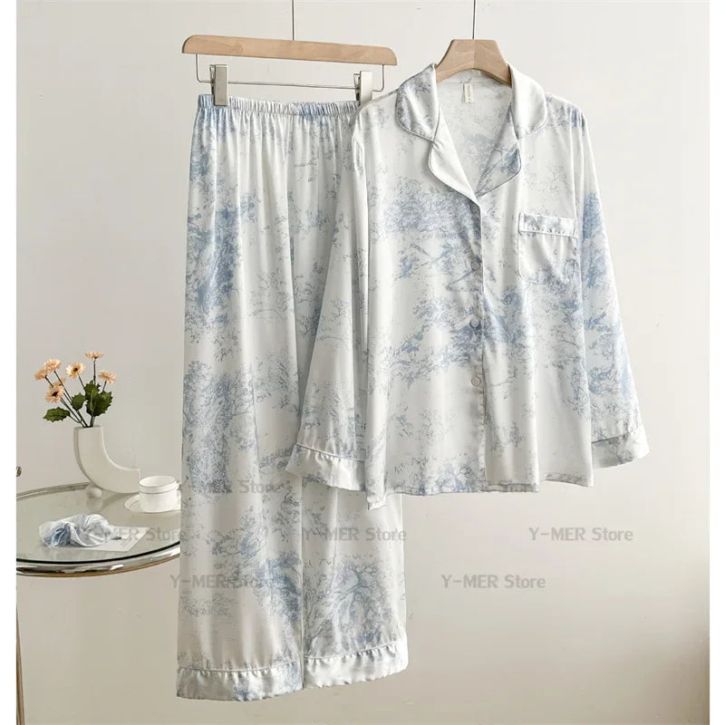 Japanese Sleepwear Pajamas Long Sleeve Pajamas Set Ladies Satin Cute Home Clothes Two Piece Set