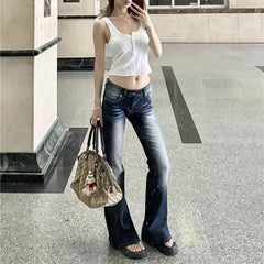Washed Denim Flares Pants Korean Style Low-Waist Slimming Wide Leg Jeans Streetwear Slim Y2K Trousers