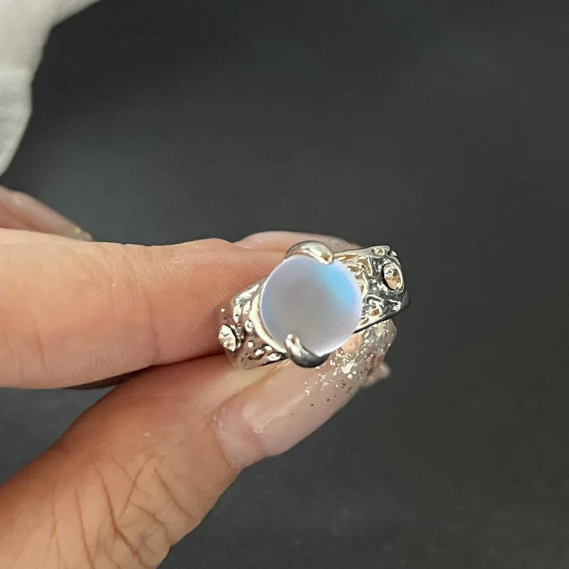 Y2K Crystal Rings Kpop Heart Adjustable Ring Irregular Geometry Punk Vintage Rings Set