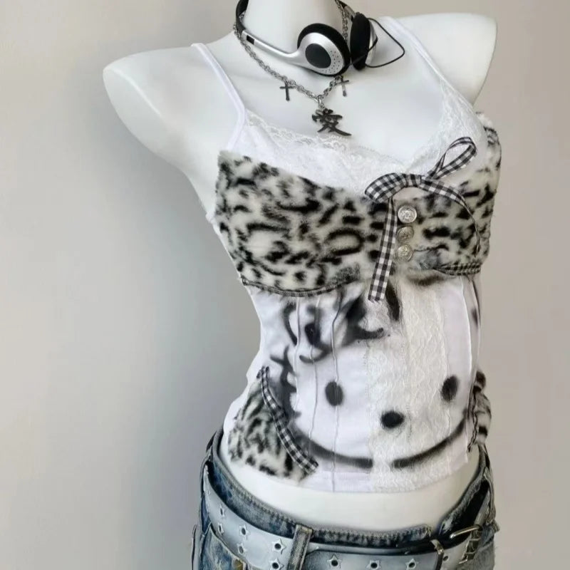 Vintage Y2K Hottie Halter Tank Tops American Subculture Leopard Patchwork Vest Kawaii Kitten Print Slim-fit Short Top