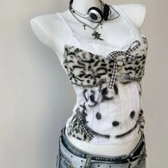Vintage Y2K Hottie Halter Tank Tops American Subculture Leopard Patchwork Vest Kawaii Kitten Print Slim-fit Short Top