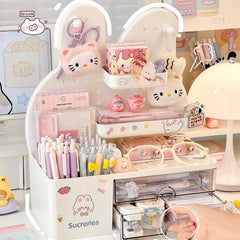 Desktop Hole Board Storage Box Desk Organizer Girls Cute Pen Holder Storage Stationary Rack Korean Kawaii Bunny Cosmetic Shelf