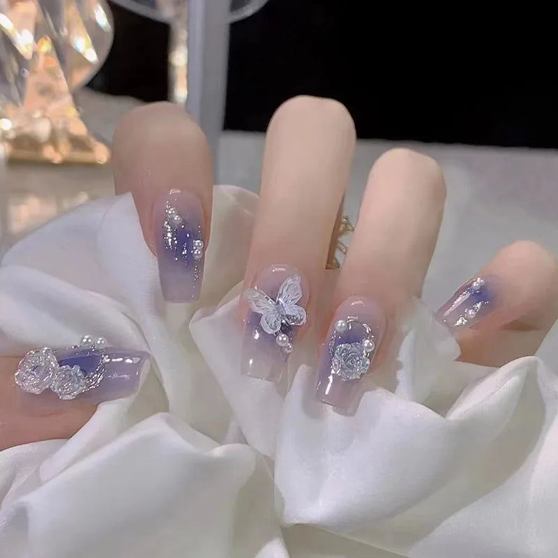 24Pcs Pink Cat Blue Love Cute Short Ballet Press on False Nails Sweet French Cat Eye Bow Star Designs Style Detachable Nails Set