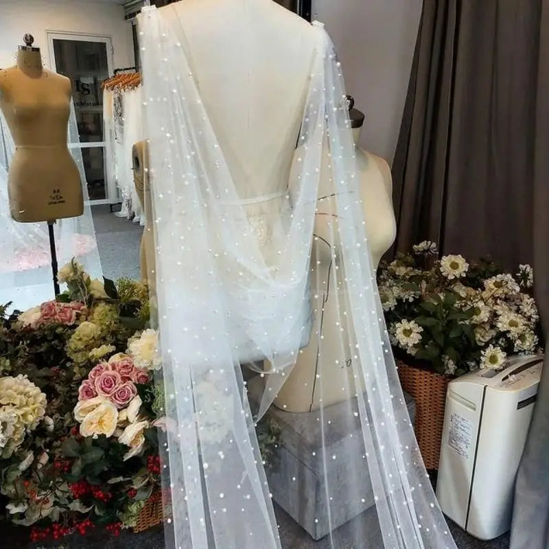 Elegant Beaded Pearl Bridal Cape Veil Off Shoulder Bolero Shawl Wedding Jacket