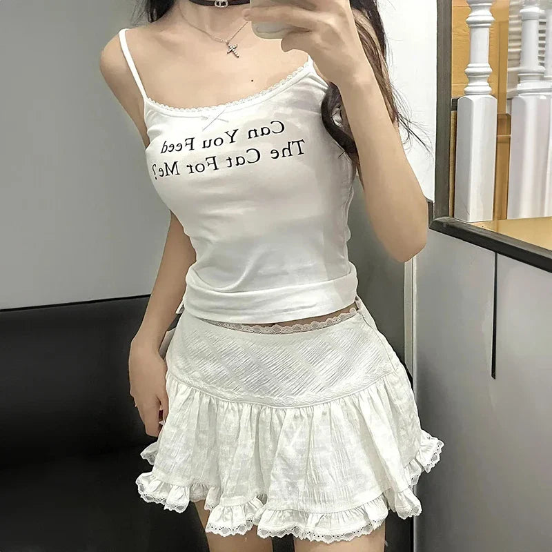 Balletcore Ruffled Mini Skirt with Lace Trim Low Rise Tiered White Skirt TeenGirl Y2K Goth Outfit