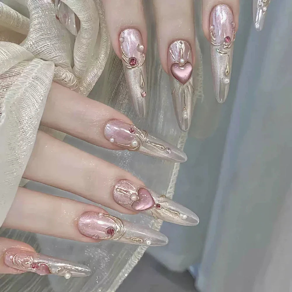 10Pcs Gentle Handwork Press On Nails French Style Flowers Butterfly Rhinestone Pearl Design Detachable False Nails Gift