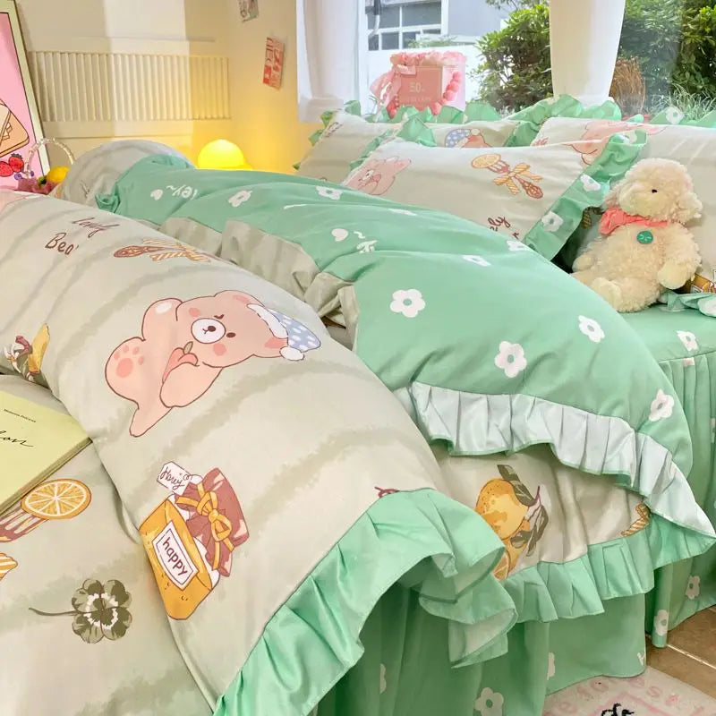 Cartoon Washed Cotton Bed Sheet Four-piece Set Non-cotton Thickened Brushed Quilt Cover Bed Skirt Style Princess Style Bedroom