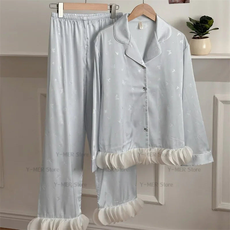 Japanese Sleepwear Pajamas Long Sleeve Pajamas Set Ladies Satin Cute Home Clothes Two Piece Set