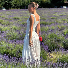 CandyElegant Square-neck White Maxi Dress Casual Slim Lace Up Sleeveless Dreses French Party Beachwear Vestidos