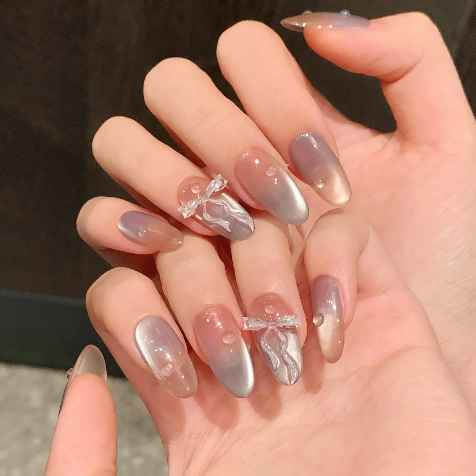 10pcs Purple Cat's Eye Handmade Fake Nails Tips Glitter Mid-length Oval Press on Nails Art Bow Rhinestone Design False Nail Sets