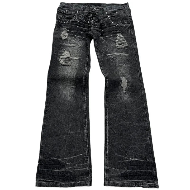 retro double waisted lace up micro flared pants streetwear Y2K washed high-quality design sense