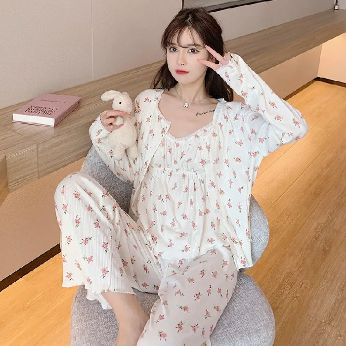 Three Piece Cotton Pajamas Long Sleeve Trousers Floral Student Loungewear Large Size Romantic Nightwear Sexy