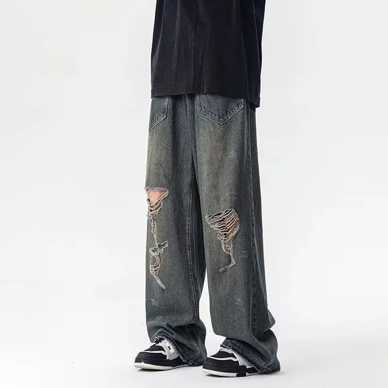 American Retro Ripped Wide-leg Jeans