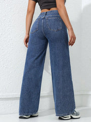 Retro Loose Wide Leg Jeans Solid Straight Wash High Elastic Waist Denim Pants Casual Streetwear Pocket Trousers
