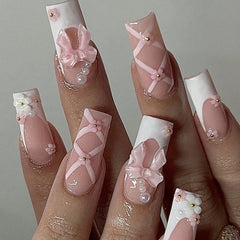 24pcs Ballet Fake Nails Pink White Bow Design French White Edge Flash Diamond High Saturation Full Coverage Fake Nai