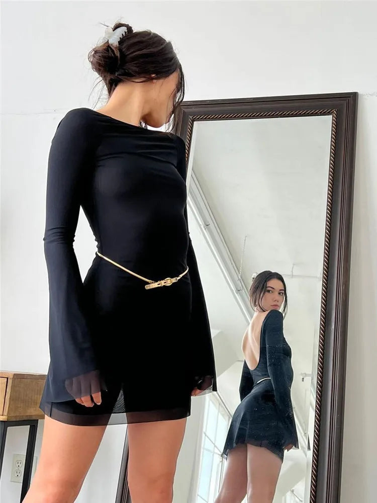 Long Black Dress Solid Colors Casual Floral Print Long Sleeve Backless Slim Fit A-line Dress