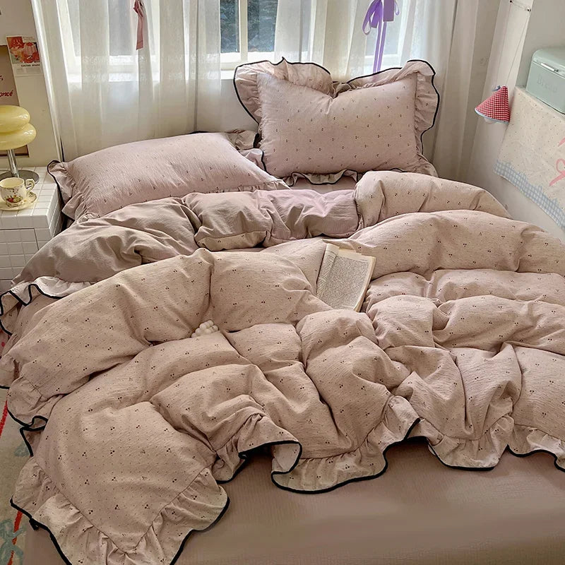 Ruffles Bedding Set Floral Style Duvet Cover Pillowcase with Bedsheet Skin-friendly Bed Linen Set Girls Room Bedclothes
