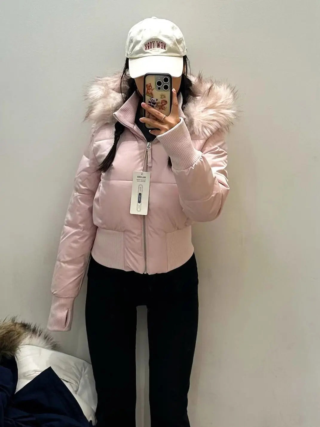 American Retro Pink Fur Collar Hooded Short Cotton Coat High Street Fur Collar Hooded Cotton Coat Jacket Women