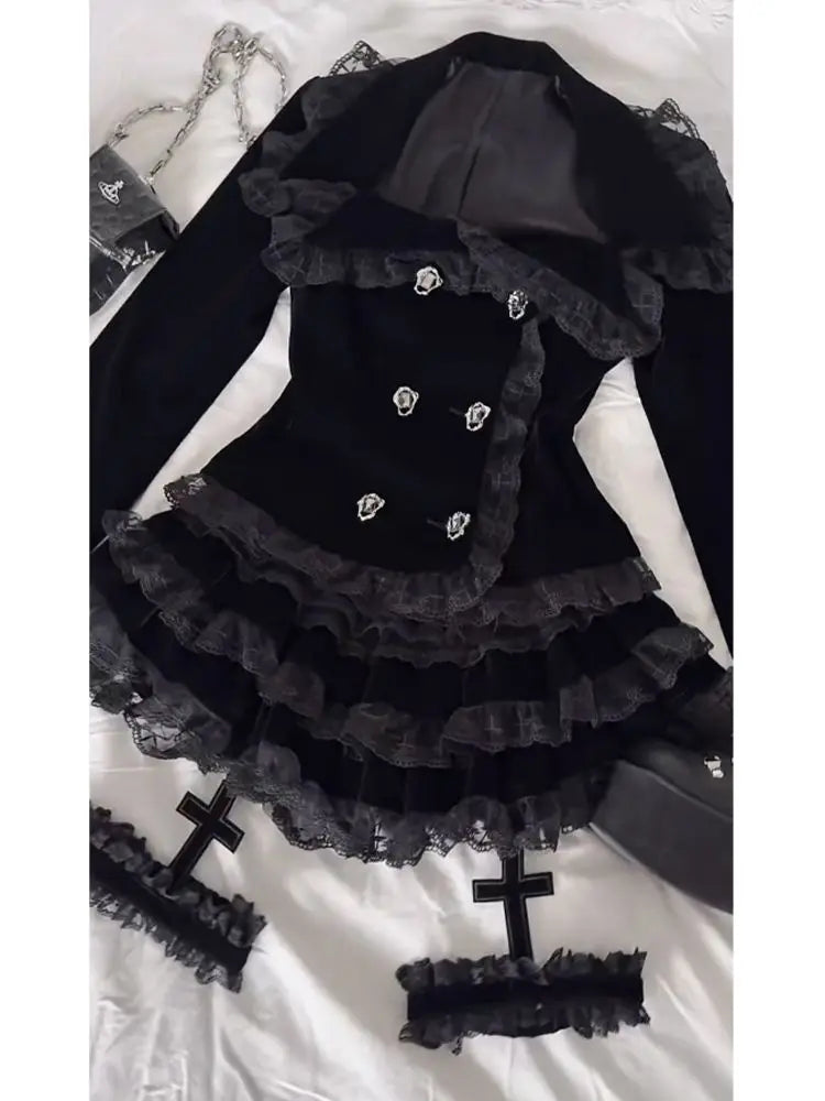 Gothic Palace Style Lace Black 2-piece Set High Street Darkly Slim Patchwork Cross Cake Skirt Suit Y2k Girl Outfits