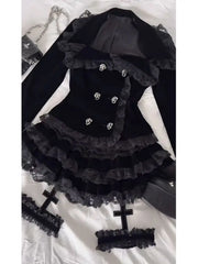 Gothic Palace Style Lace Black 2-piece Set High Street Darkly Slim Patchwork Cross Cake Skirt Suit Y2k Girl Outfits