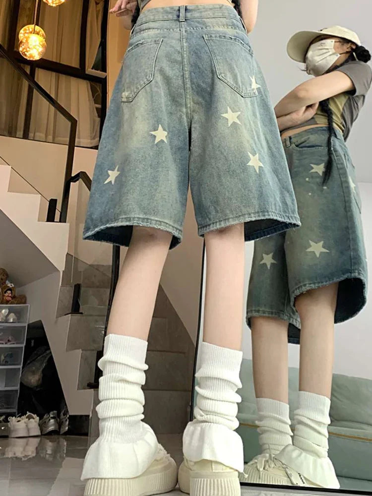 High Waist American Retro Washed Wide Leg Jeans Girls Street Do Old Star Loose Denim Pants Blue Knee Length Shorts
