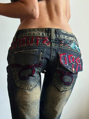 Y2k Vintage Embroidered Low Waist Jeans Blue Jeans Embroidered Diamonds Pocket Hip Hop Streetwear Harajuku Gothic Wide Pants