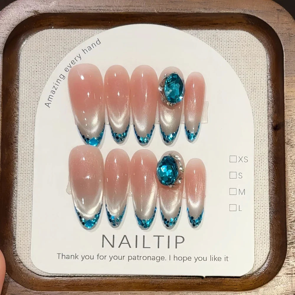 10Pcs Handmade Nude Color Press On Nails Sparkling Cat-Eye Cherry Star Marine Elements Sequins Cute Girlish Nail Suitable