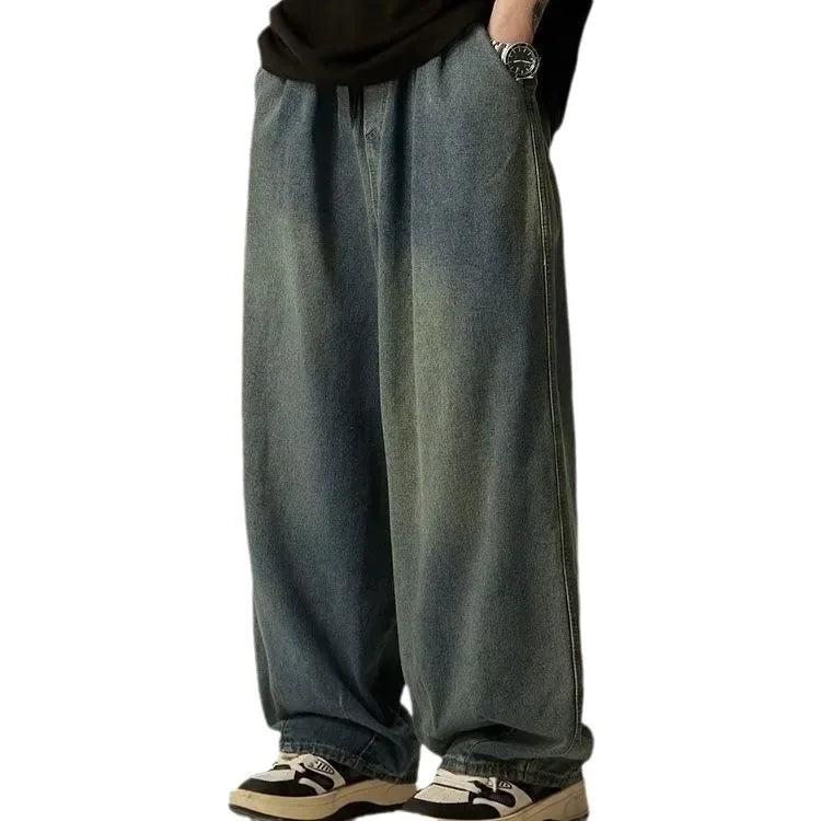 Japanese Vintage Distressed Jeans Loose Straight Leg Bell Bottoms Casual Trousers Trendy Brand High Street Style