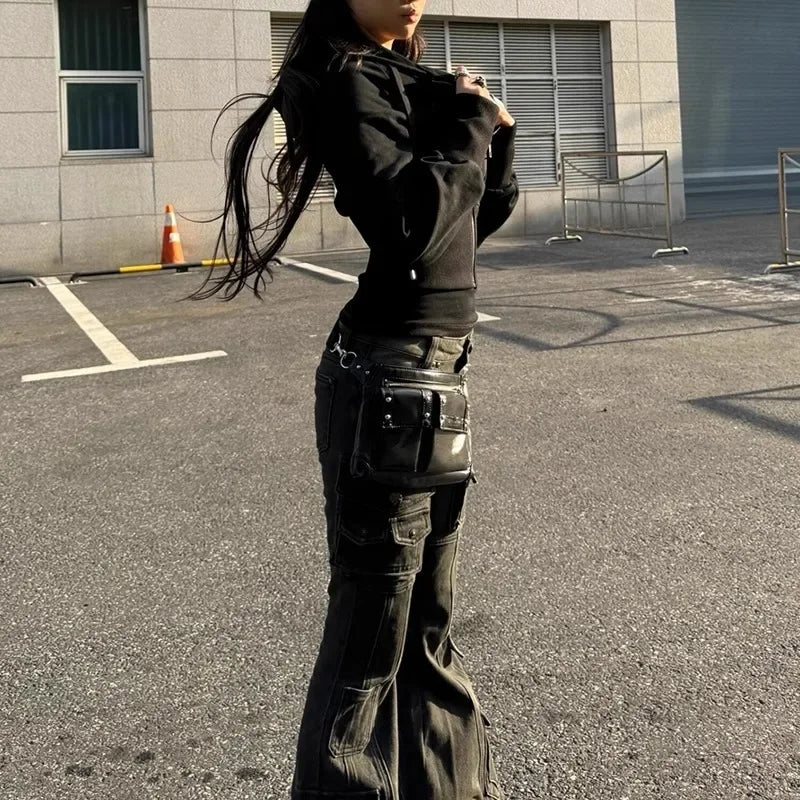 Low Waist Workwear Pants Slimming Floor-Length Bell Bottoms Trendy Y2K Millennium Cargo Trousers Retro American Style