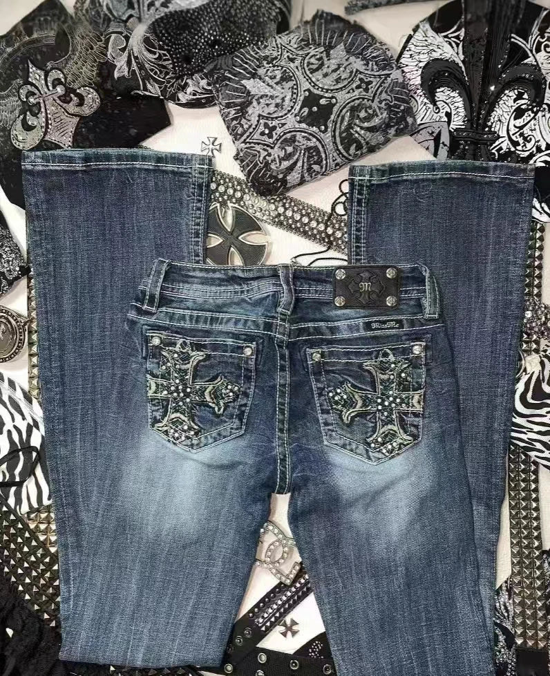 Y2K American Embroidery Diamond Retro Punk Low Waist Casual Jeans Blue Jeans Wings Pattern High Street Slim Leg Pants