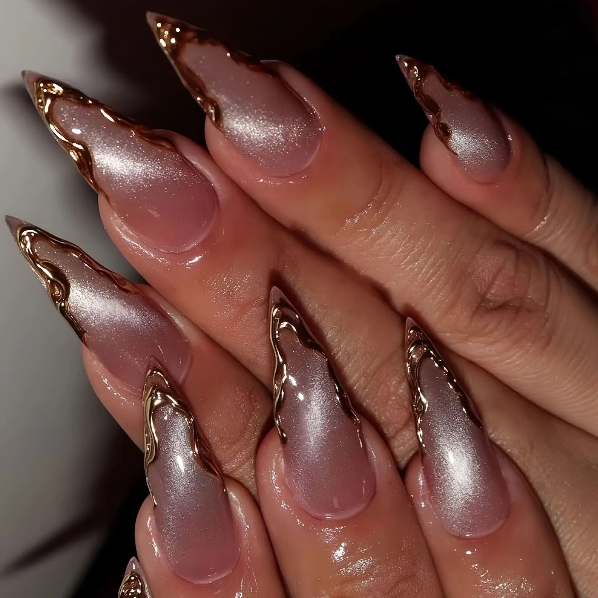 24pcs Golden Lines Patterns False Nails Dark Purple Blush French Fake Nails