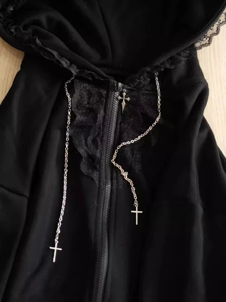 Gothic Subculture Black Lace Loose Hoodie Lovely Long Sleeve Hooded Coat Casual Warm Overcoat