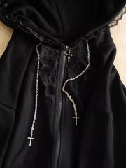 Gothic Subculture Black Lace Loose Hoodie Lovely Long Sleeve Hooded Coat Casual Warm Overcoat