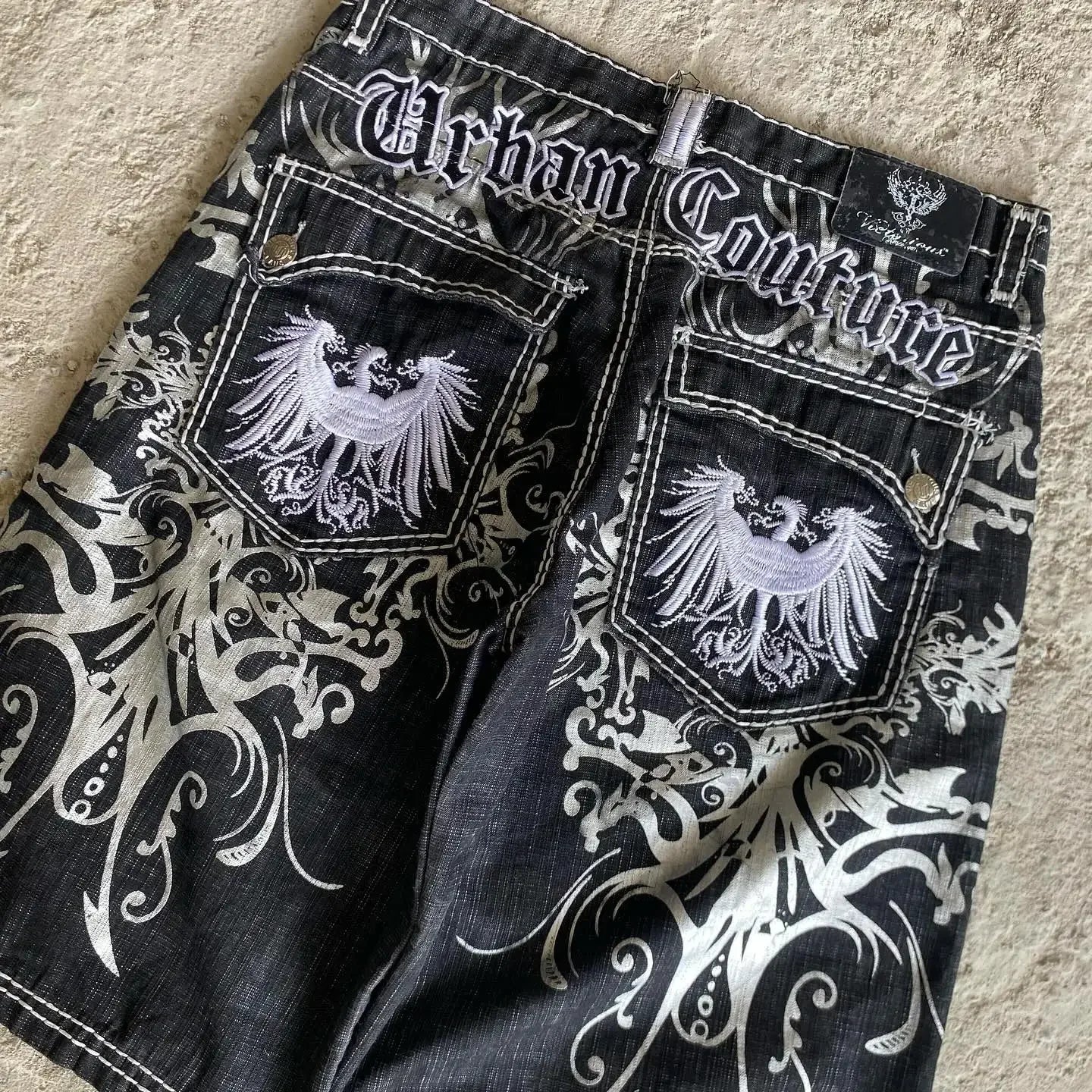 Streetwear American Denim Shortss Hip Hop Embroidery Printed Loose Shorts Gothic Retro Casual Basketball Shorts