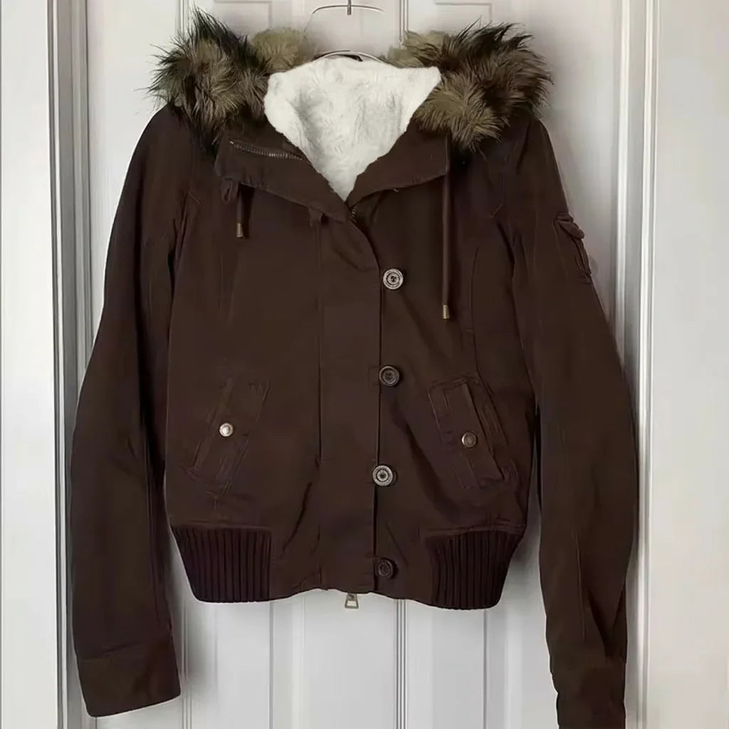 Vintage Fur Trim Hooded Bomber Jacket Brown Zipper Coat with Sherpa Lining Ribbed Cuffs Y2K Keep Warm Coats