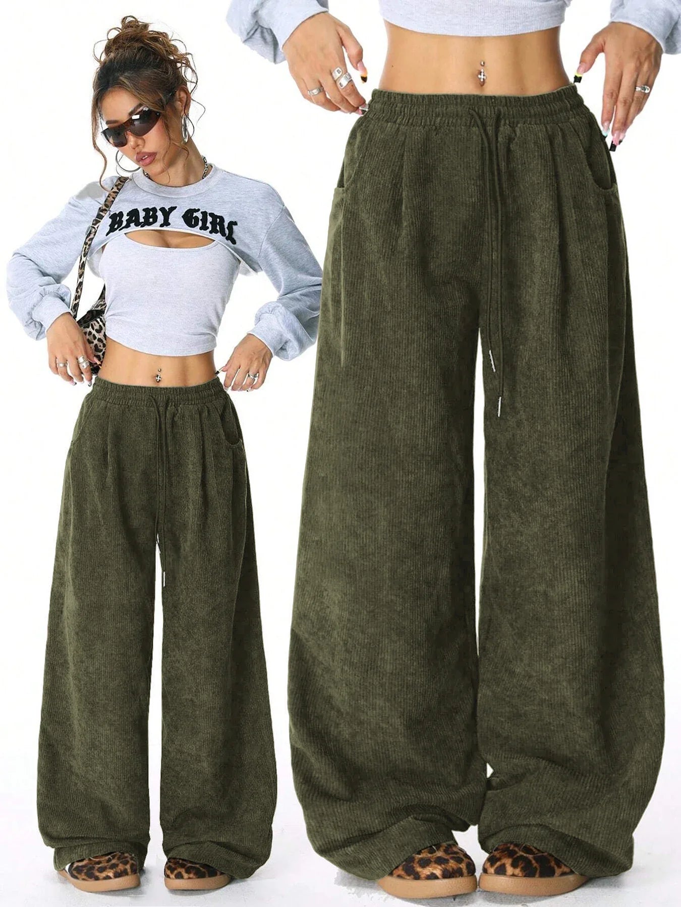 Retro Corduroy Cargo Pants Casual Drawstring Straight Sports Pants Drape Daily Commuting Wide Leg Pants
