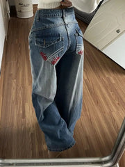 American Embroidery Stamping Design Trendy Cool High Waisted Straight Leg Jeans