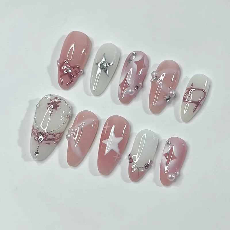24pcs False Nails Glossy Green Almond Fake Nail Tips Wearable Detachable Flower Print Press on Nails