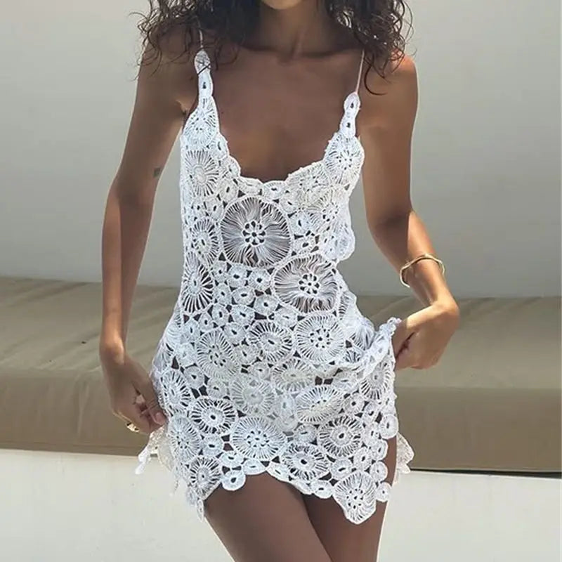 Combhasaki Boho Knitted Crochet Halter Neck Swimsuit Coverups VNeck Hollow Out Irregular Hem Short Mini Beach Dress