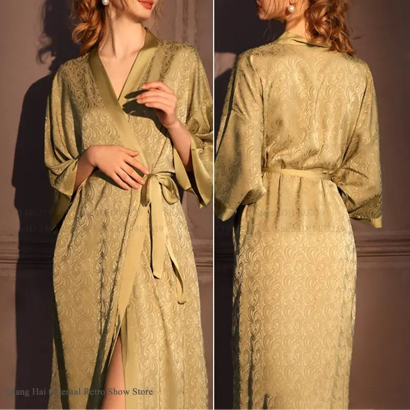 Luxury Jacquard Long Robe Nightgown Half Sleeve Kimono Bathrobe Gown Satin Ice Silk Sleepwear Home Dress Lounge Wear