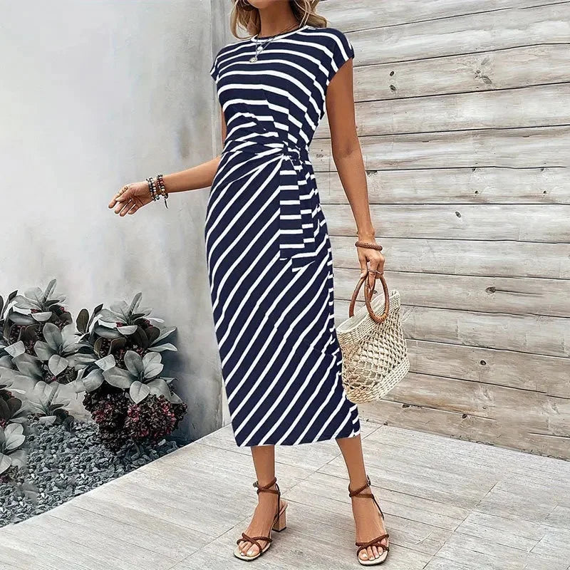 Elegant Waist Tie Striped Round Neck Short Sleeves Long Dress High-End Feel Clothing Skirt