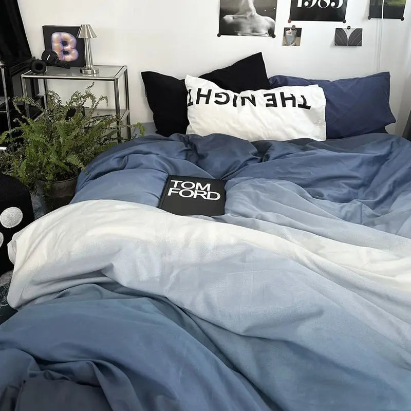 Bedding Set Ins Ambiance Blue Coffee Grid Mixed With Washed Cotton Minimalist Four Piece Set Fitted Sheets Duvet Cover