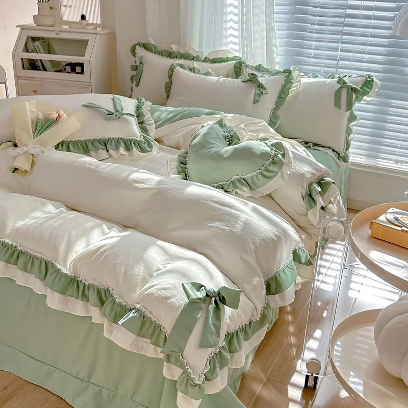 Green Princess Bedding Set Double Layer Lace Bow Quilt Cover Sheet