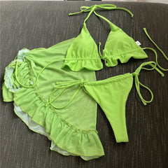 White Mesh Cover Up Swimwear String Halter 3 Piece Bikini Set Micro Thong Swimsuit Beachwear Ruffled Triangle Bikinis Mujer