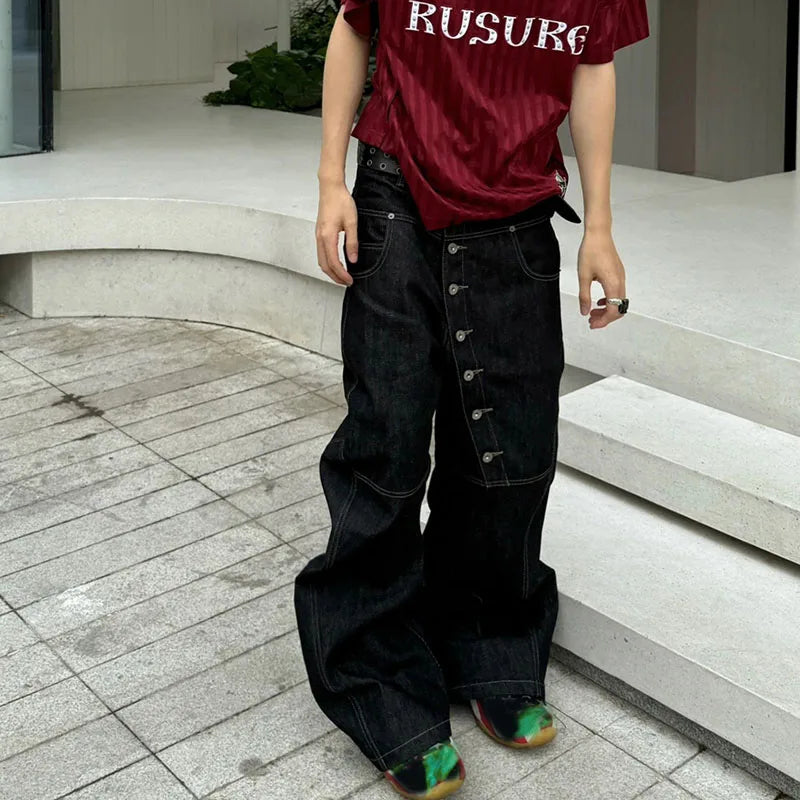 Korean High Street Buckle Curved Jeans Loose Straight Leg Pants Black Wide Leg Pants Casual Pants Hip-Hop Pants