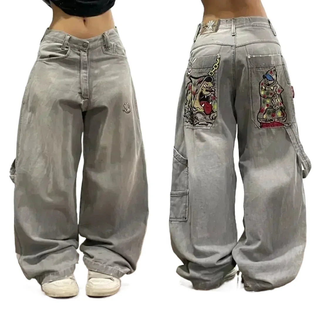 American Hip Hop Retro Gothic Print Jeans Y2K Street Selling Loose Straight Wide Leg Pants Unisex Joker Jeans
