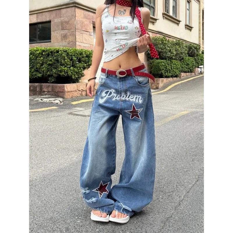 Blue Gothic Ripped Jeans Baggy Denim Trousers Harajuku Oversize Jean Pants Vintage 2000s Trashy Clothes