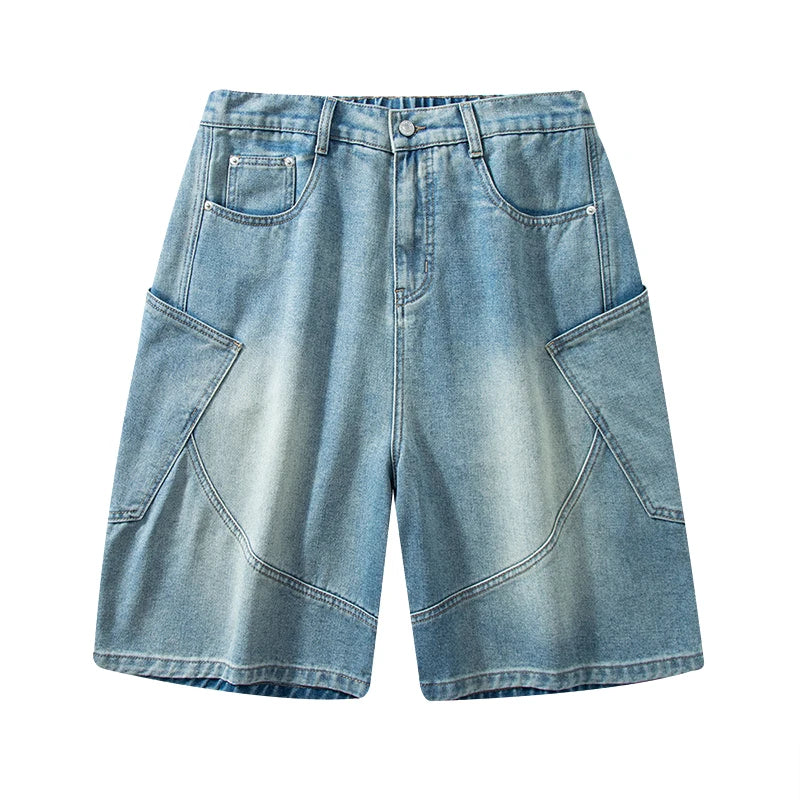 Baggy Denim Shorts Casual Straight Harajuku Jeans Male Vintage Wash Drawstring Short Pants Streetwear