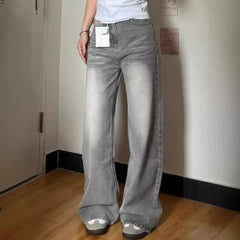 Vintage Wide-Leg Jeans Grey American Style Straight-Leg Casual Pants